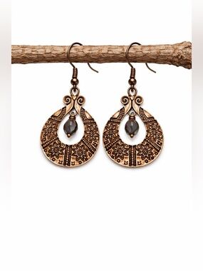 Boho Antique Bronze Dangle Earrings • Floral Filigree • Smoky Bead Drop
